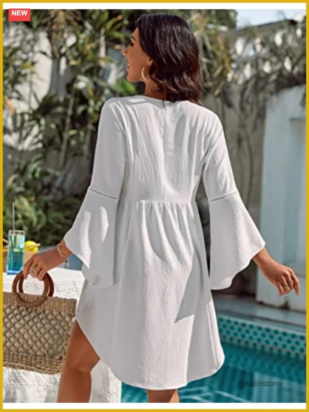 V Neck Chiffon Swimsuit Coverup Bell Sleeve Beach Dress